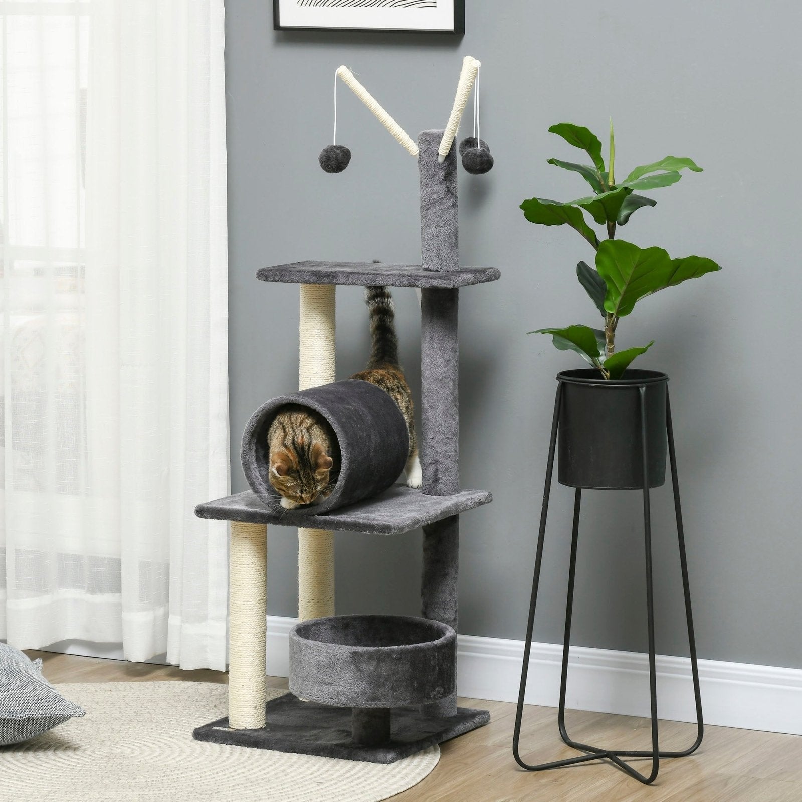 121cm Cat Tree Tower for Indoor Cats Kitten Activity Center Scratching Post with Bed Tunnel Perch Interactive Ball Toy, Grey-1
