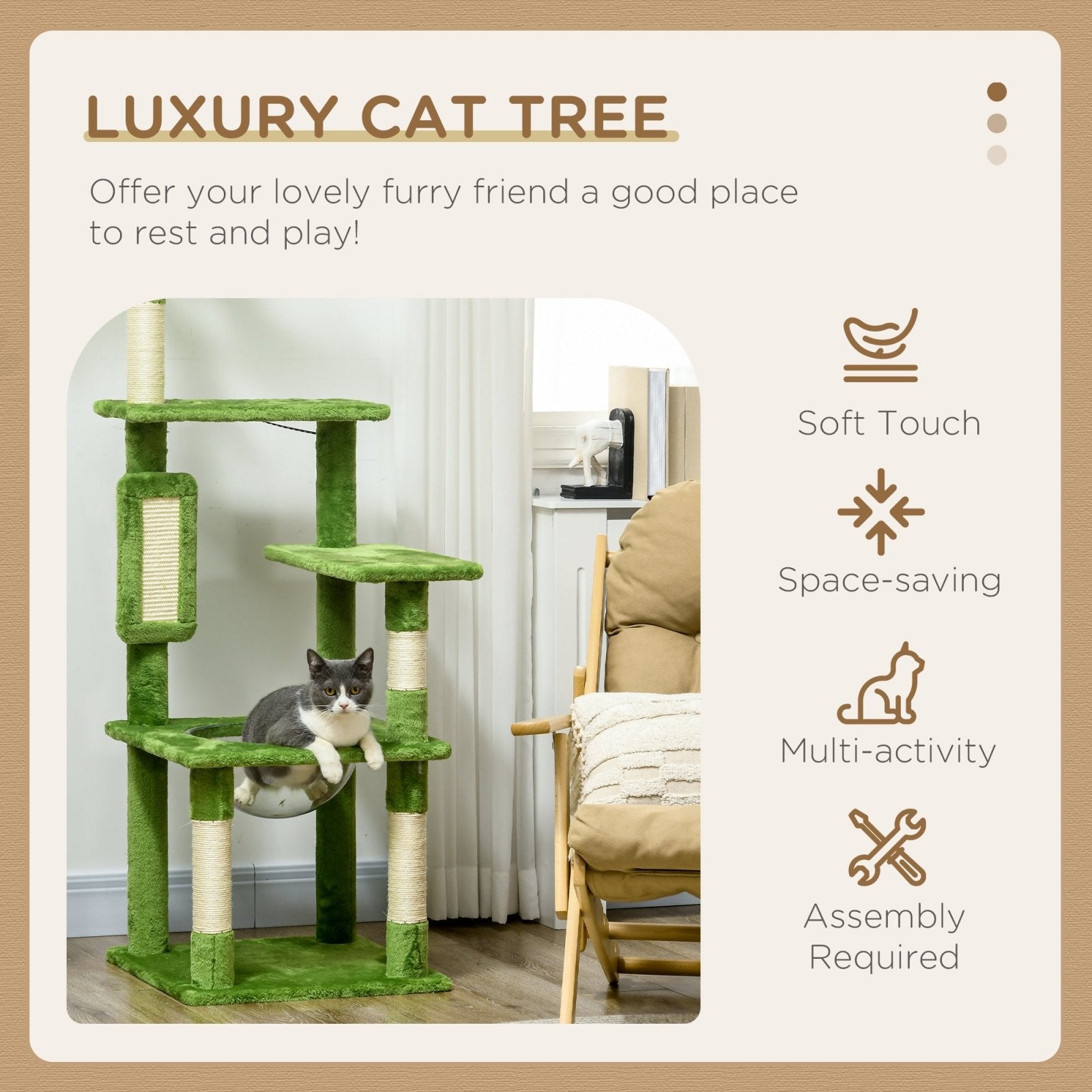 142cm Cat Tree Tower, with Scratching Post, Hammock, Toy Ball, Platforms - Green-3