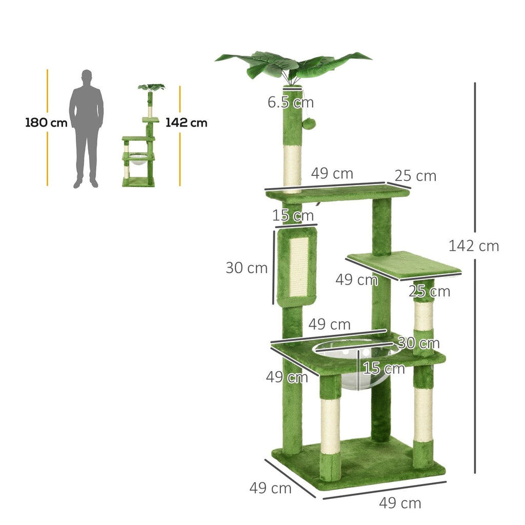 142cm Cat Tree Tower, with Scratching Post, Hammock, Toy Ball, Platforms - Green-2