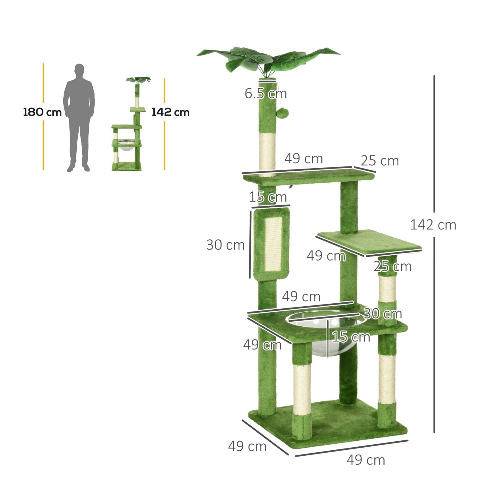 142cm Cat Tree Tower, with Scratching Post, Hammock, Toy Ball, Platforms - Green-2
