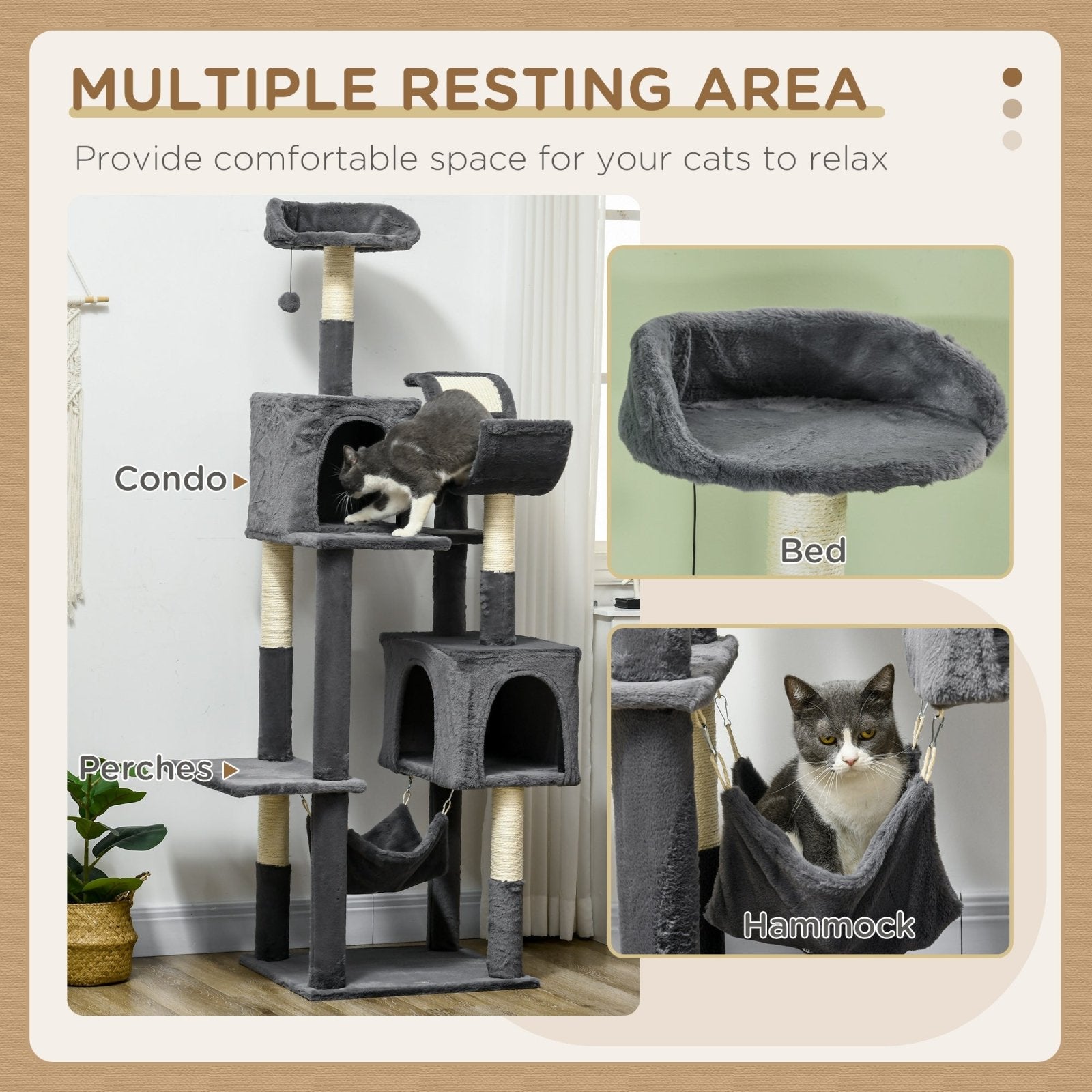177cm Cat Tree for Indoor Cats, Multi-level Kitten Climbing Tower with Scratching Posts, Condos, Hammock, Perches, Toy Ball, Dark Grey-3