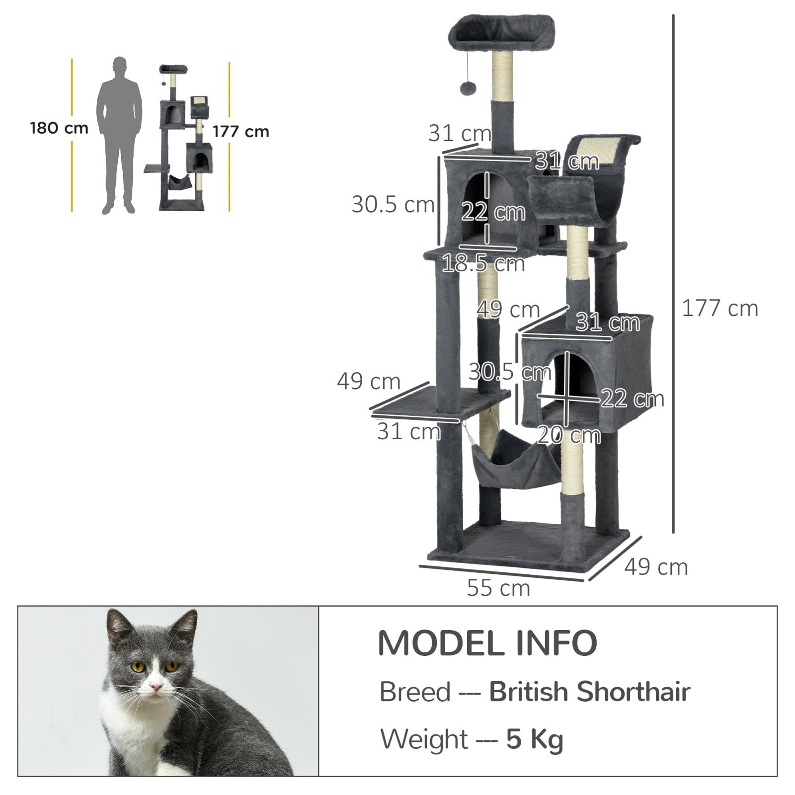177cm Cat Tree for Indoor Cats, Multi-level Kitten Climbing Tower with Scratching Posts, Condos, Hammock, Perches, Toy Ball, Dark Grey-2