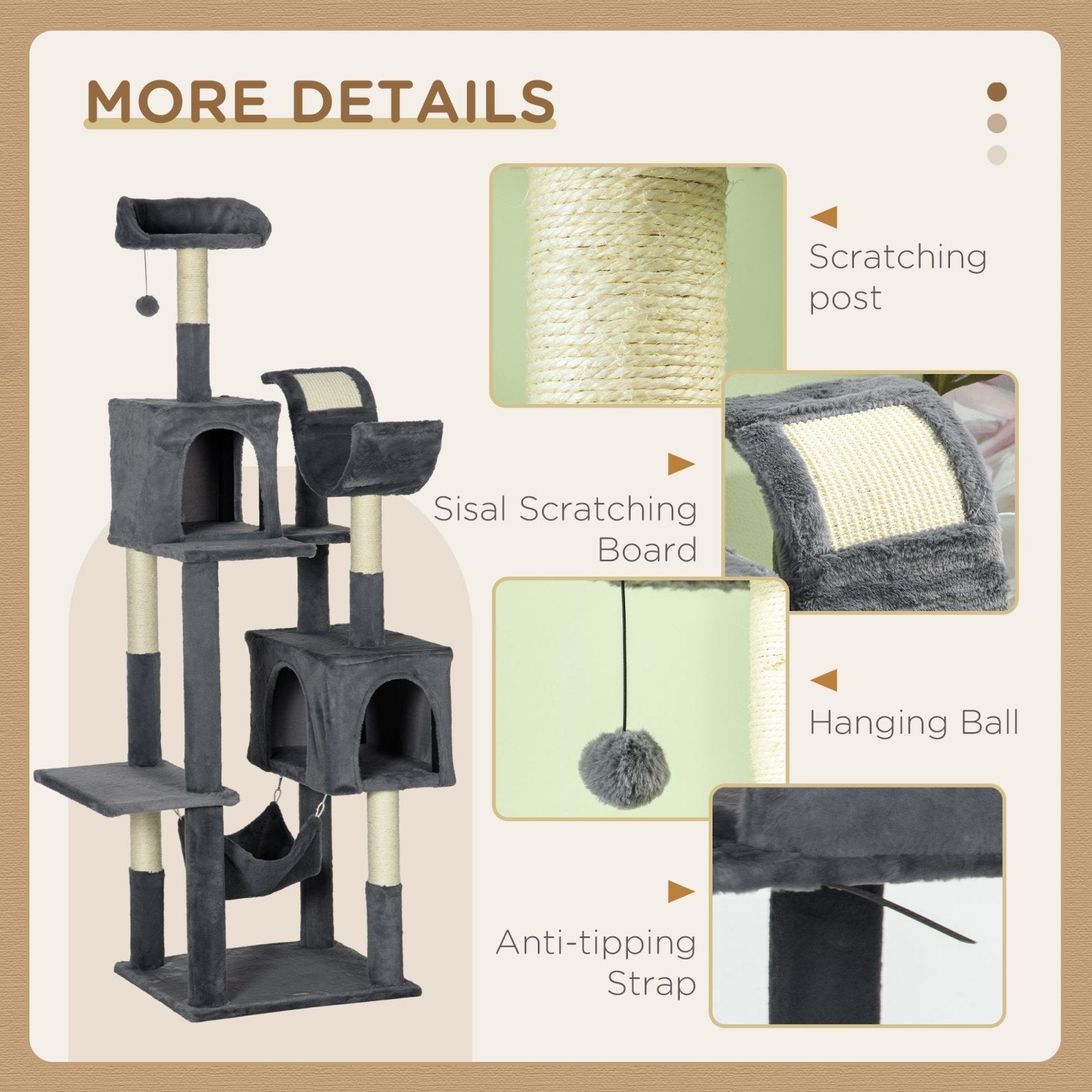 177cm Cat Tree for Indoor Cats, Multi-level Kitten Climbing Tower with Scratching Posts, Condos, Hammock, Perches, Toy Ball, Dark Grey-4