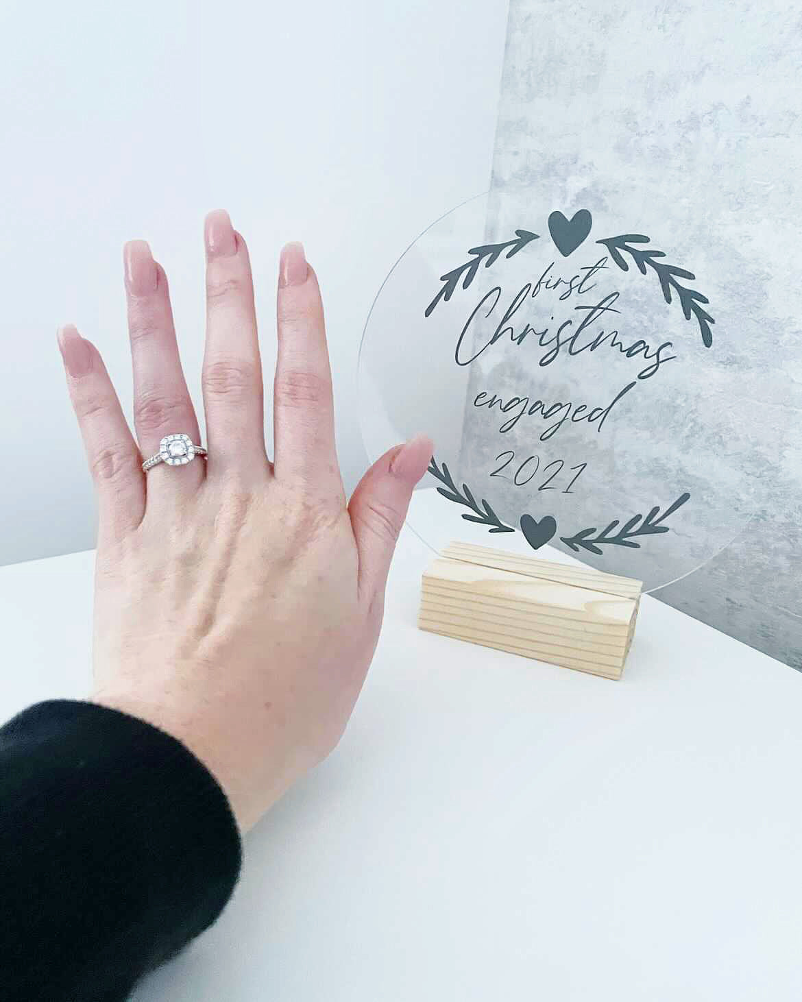 First Christmas Engaged Heart Wreath Christmas Acrylic Plaque Sign With Wooden Base-0