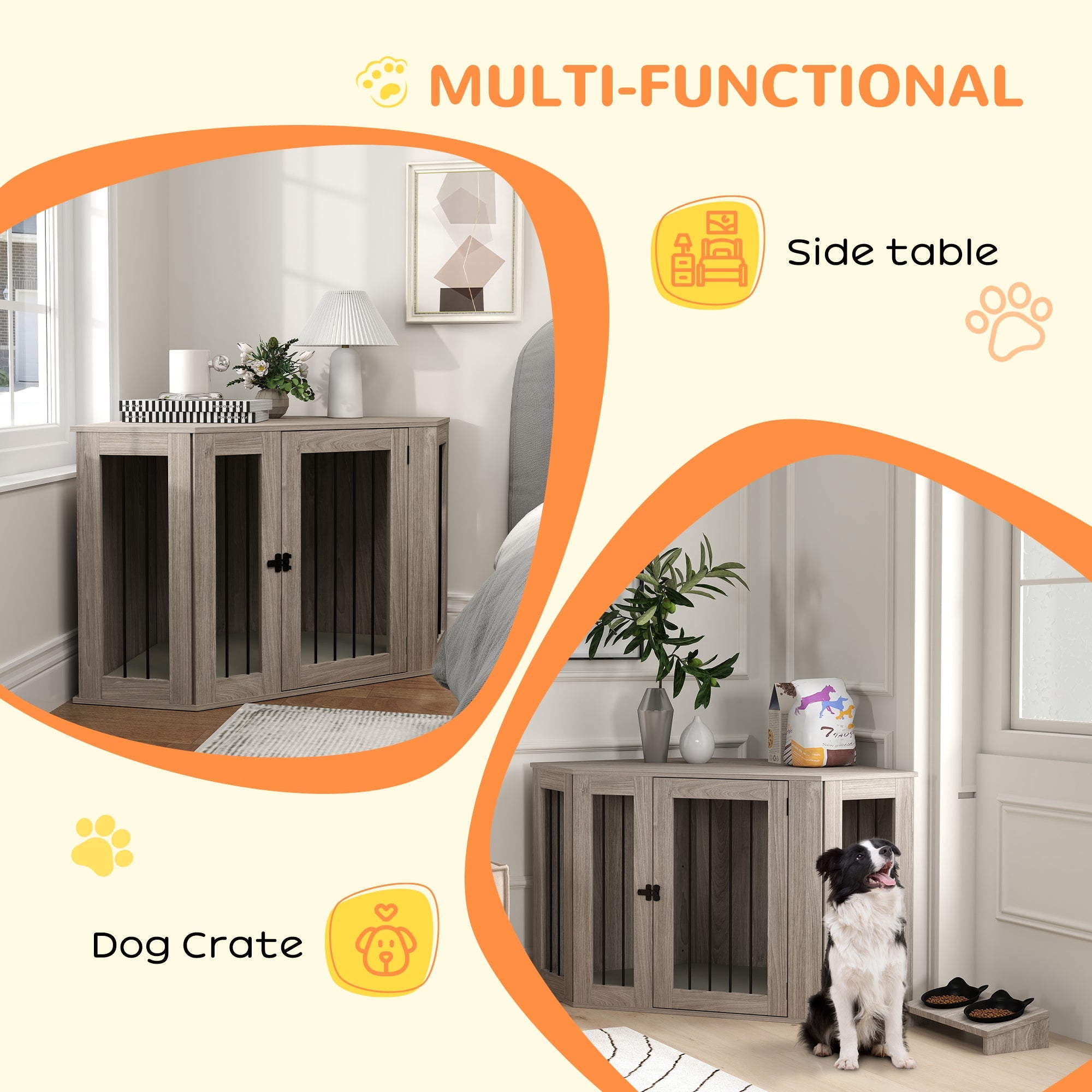 2 in 1 Dog Crate Furniture Side Table, with Cushion, 122 x 61 x 71cm - Walnut Brown-3