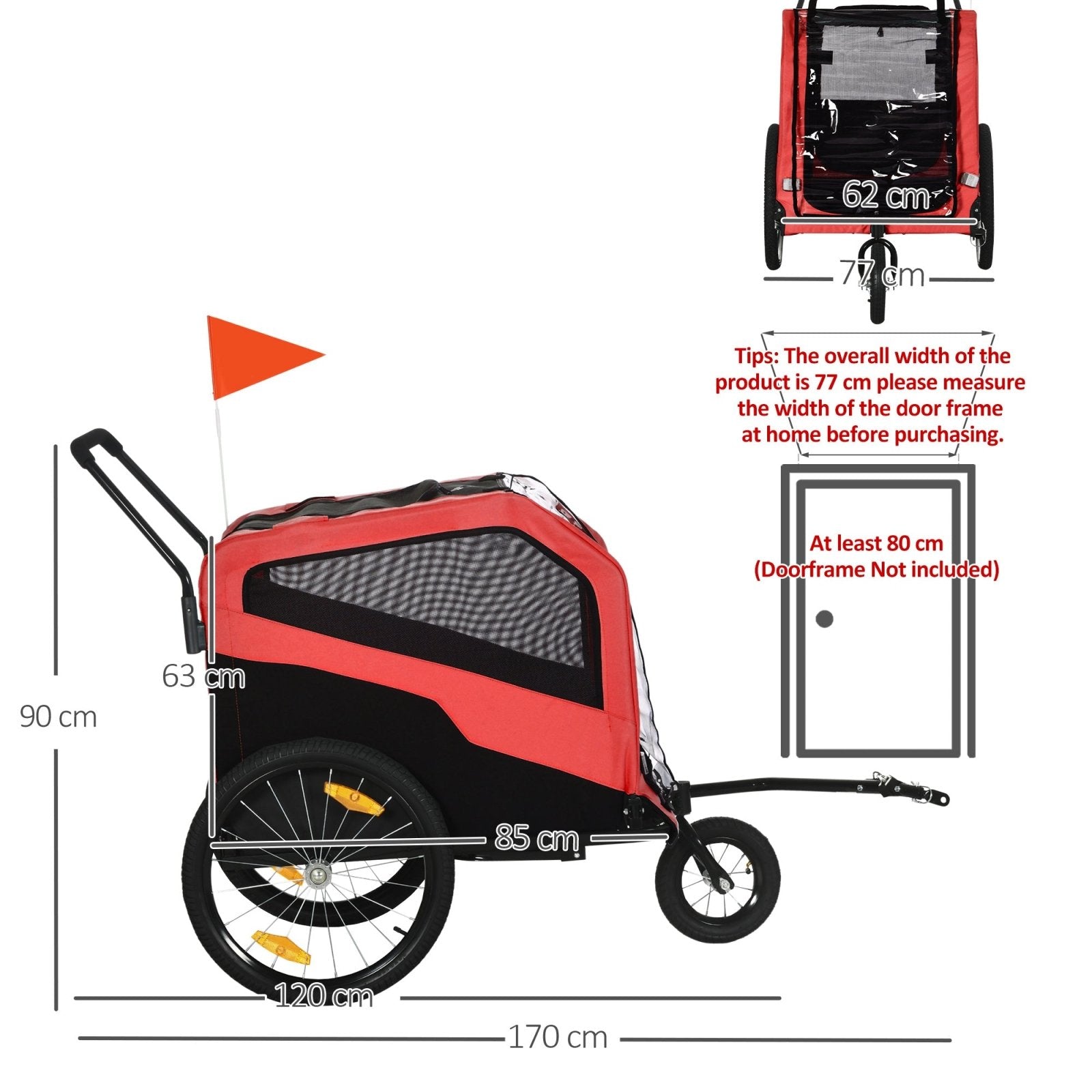 2 in 1 Dog Bike Trailer Pet Stroller for Large Dogs with Hitch, Quick-release 20" Wheels, Pet Bicycle Cart Trolley Carrier for Travel, Red-2