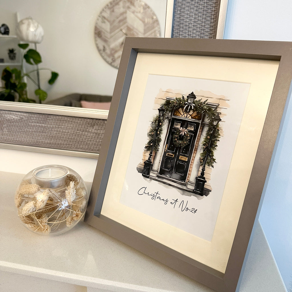 Personalised Christmas At Surname Black Front Door Winter Christmas Seasonal Wall Home Decor Print-1