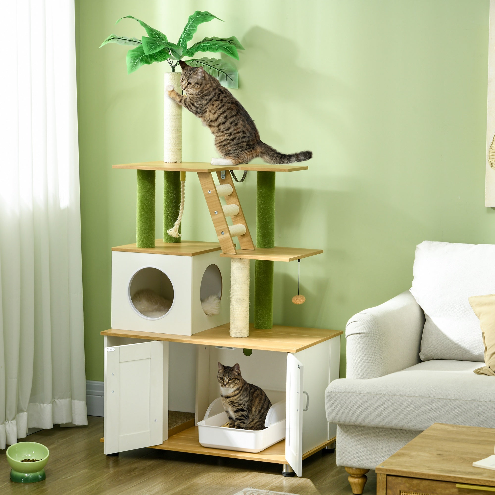 2-in-1 Hidden Cat Litter Box, Green Leaf Cat Tree, with House, Ladder, Scratching Posts, Platforms, Indoors -Oak-1