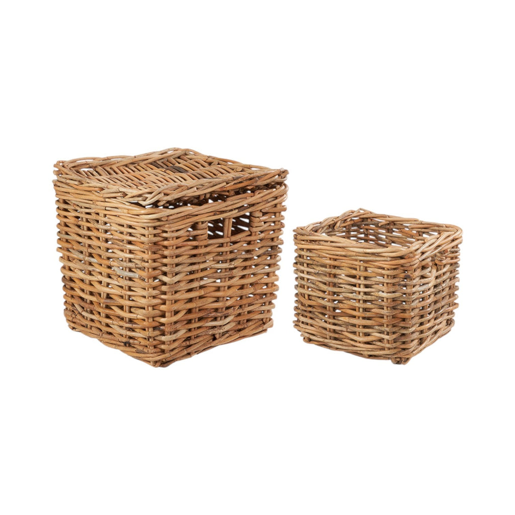 Set of 2 Chunky Natural Rattan Square Storage Baskets with Lid-0
