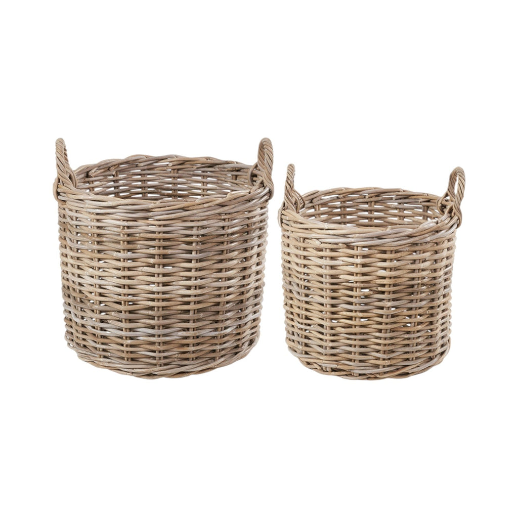 Set of 2 Grey Rattan Round Log Baskets-0