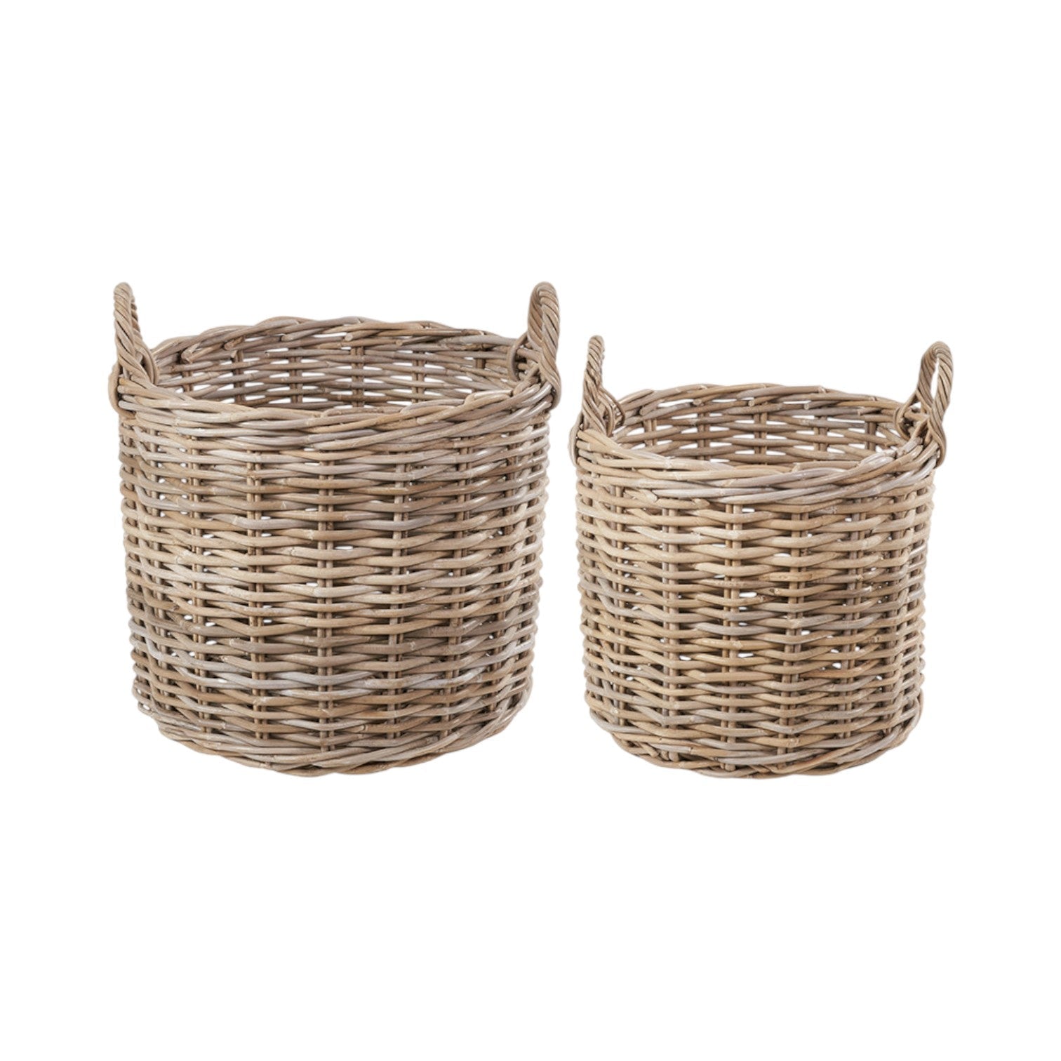Set of 2 Grey Rattan Round Log Baskets-0