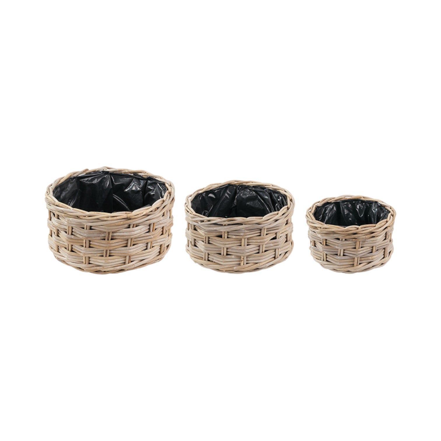 Set of 3 Indoor Outdoor Grey Kubu Rattan Triple Weave Round Basket Planters-2