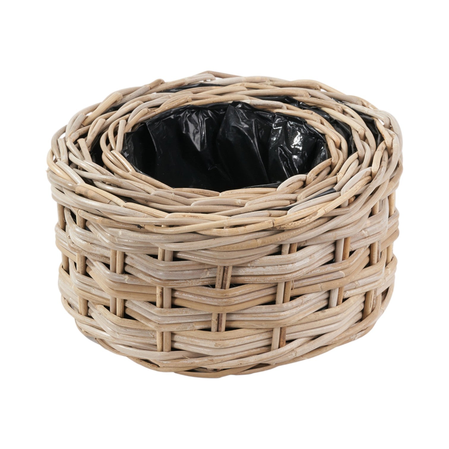 Set of 3 Indoor Outdoor Grey Kubu Rattan Triple Weave Round Basket Planters-0