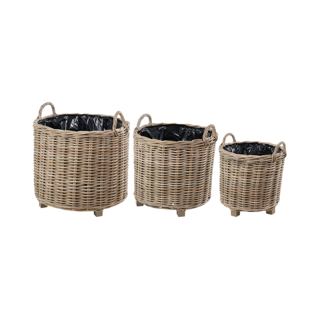 Set of 3 Indoor Outdoor Grey Kubu Rattan Round Basket Planters with Handles-2