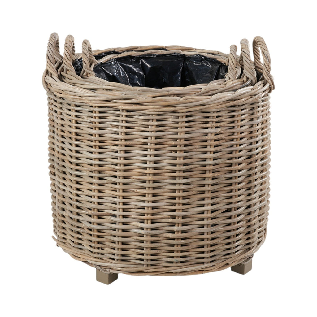 Set of 3 Indoor Outdoor Grey Kubu Rattan Round Basket Planters with Handles-0