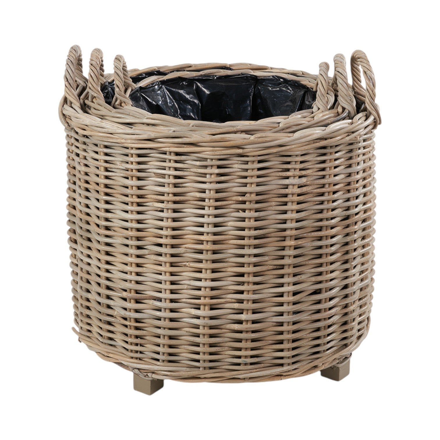 Set of 3 Indoor Outdoor Grey Kubu Rattan Round Basket Planters with Handles-0