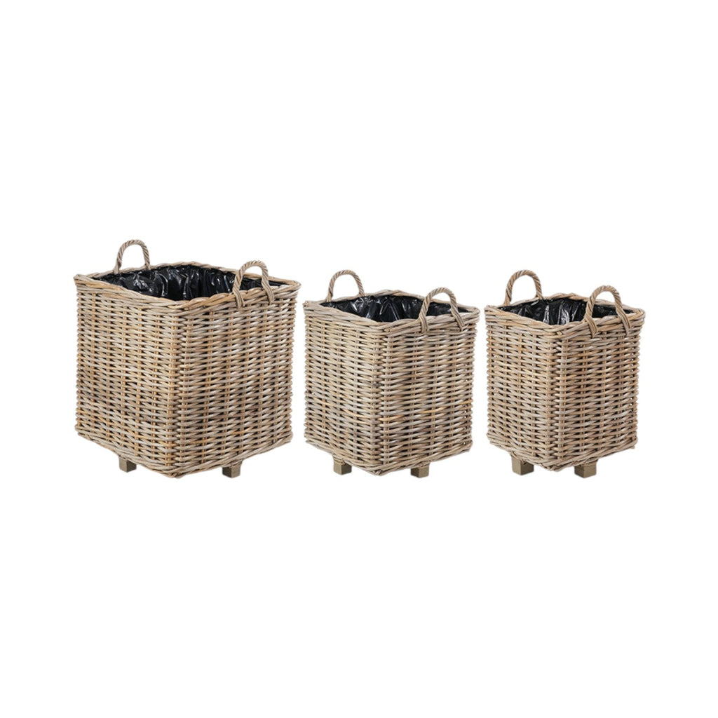 Set of 3 Indoor Outdoor Grey Kubu Rattan Square Basket Planters with Handles-2