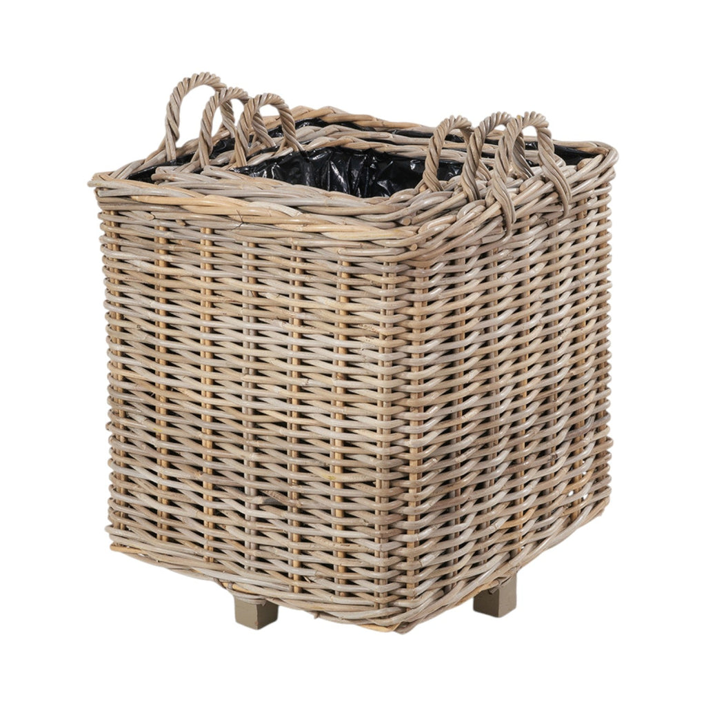 Set of 3 Indoor Outdoor Grey Kubu Rattan Square Basket Planters with Handles-0
