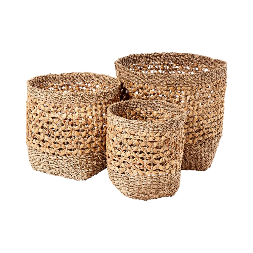 Set of 3 Seagrass and Water Hyacinth Natural Tall Round Baskets-0