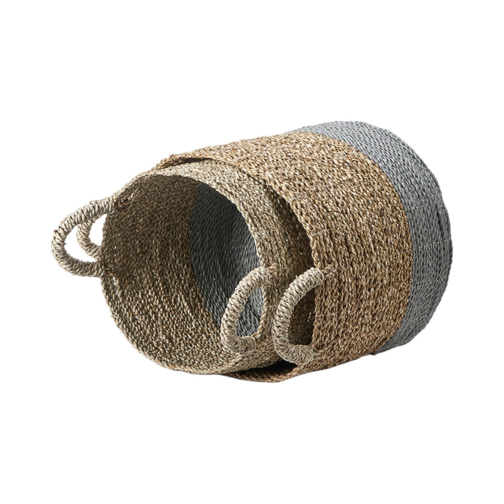 Set of 2 Banana Leaf Two Tone Natural and Grey Baskets-3