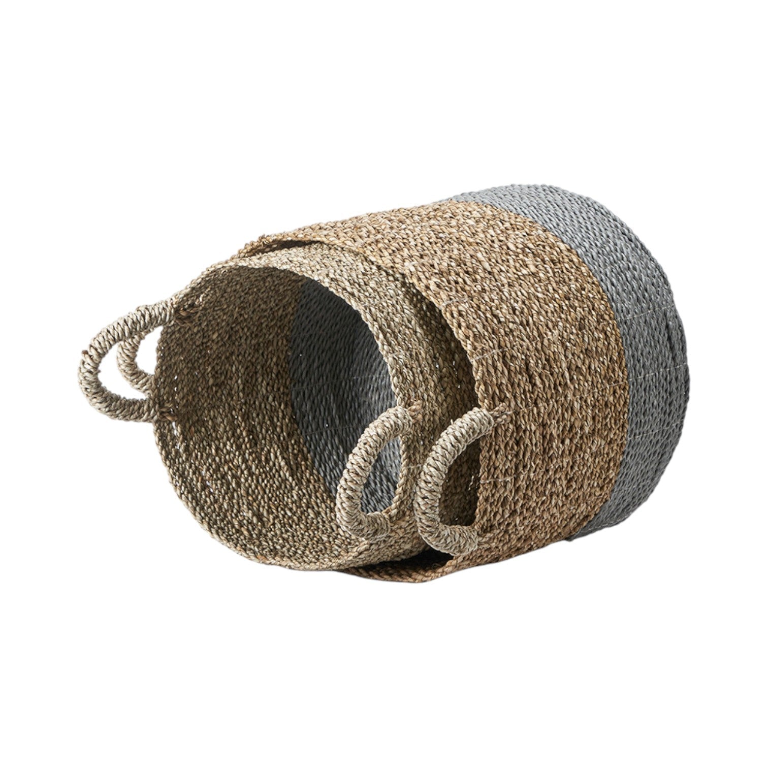 Set of 2 Banana Leaf Two Tone Natural and Grey Baskets-3