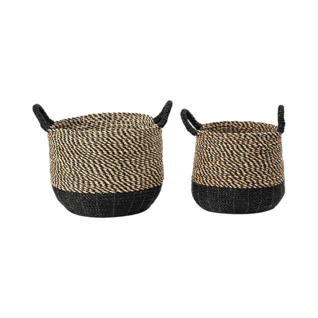Set of 2 Seagrass Natural and Black Round Handled Baskets-1