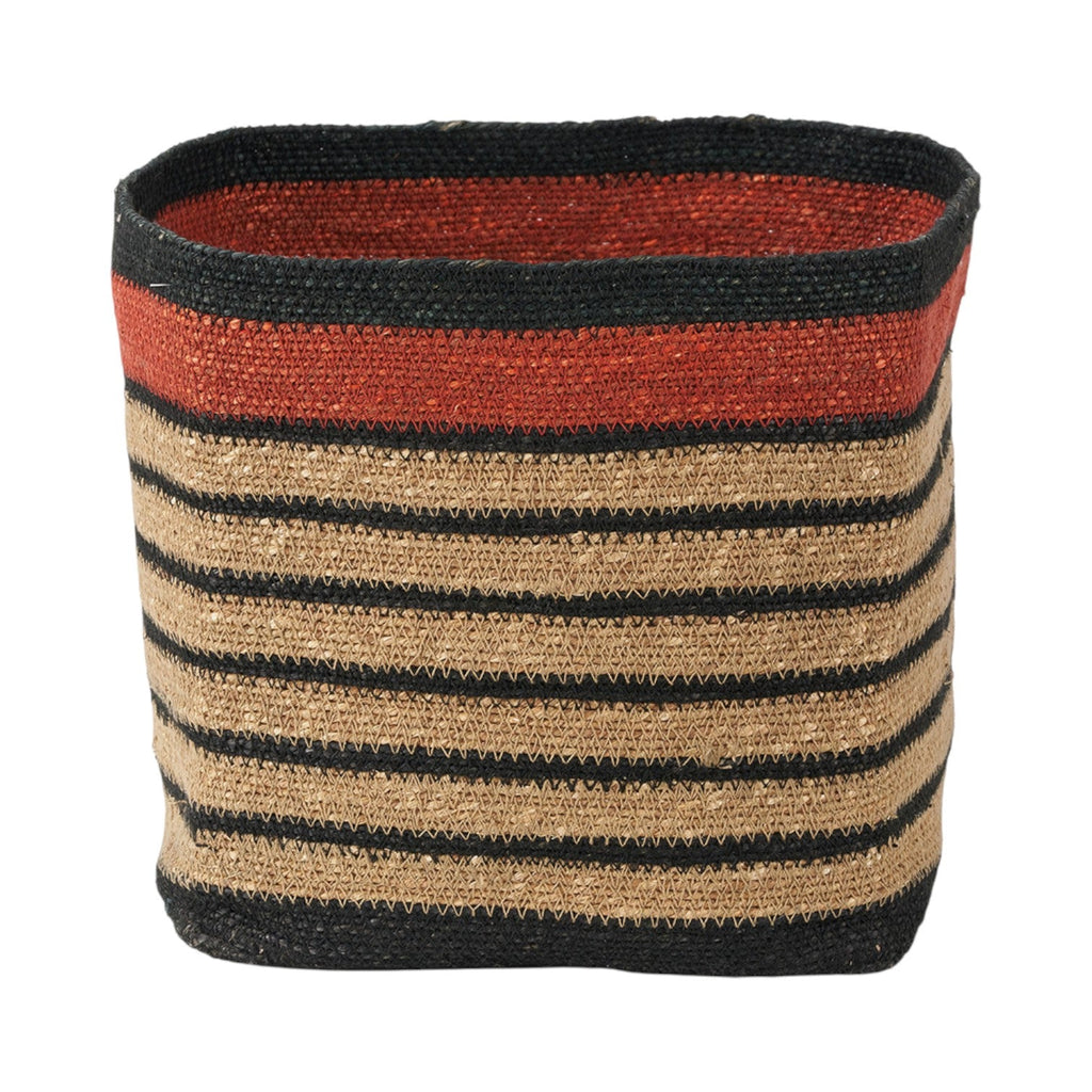Seagrass Natural, Black and Terracotta Stripe Square Basket-0