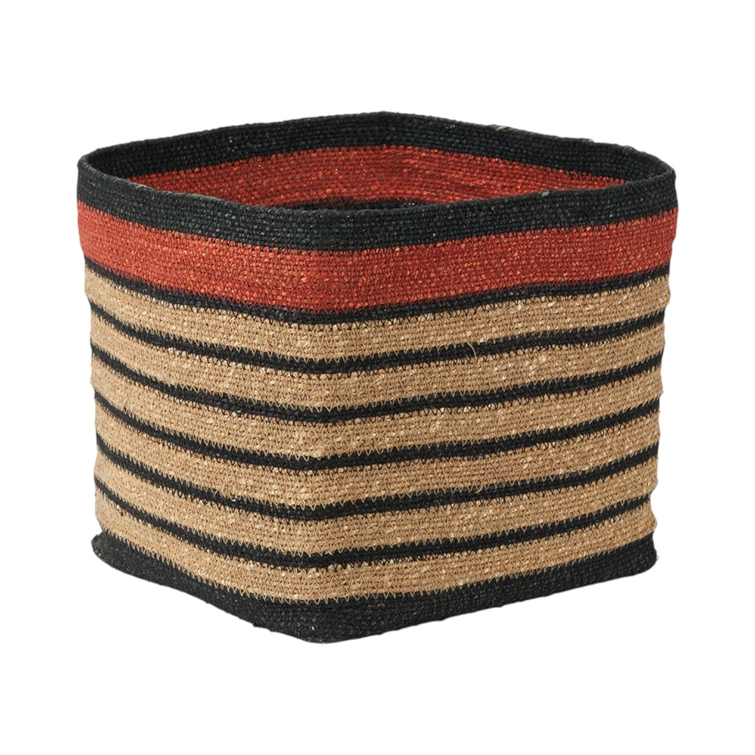 Seagrass Natural, Black and Terracotta Stripe Square Basket-1