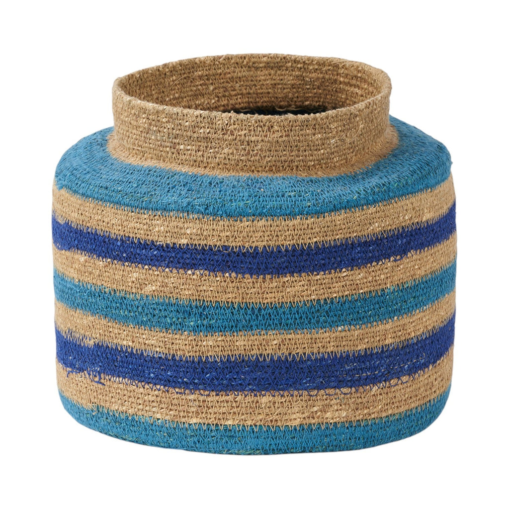 Seagrass Natural, Blue and Turquoise Stripe Round Basket-0