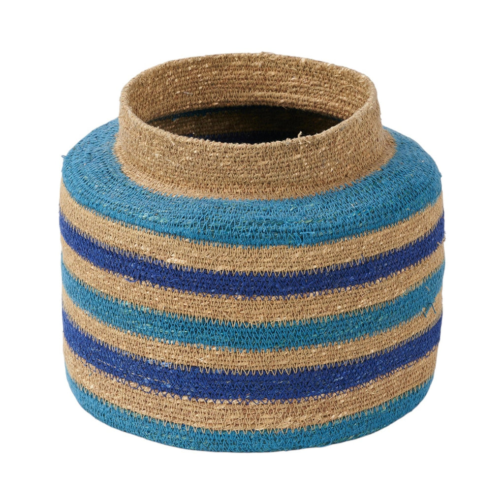 Seagrass Natural, Blue and Turquoise Stripe Round Basket-1