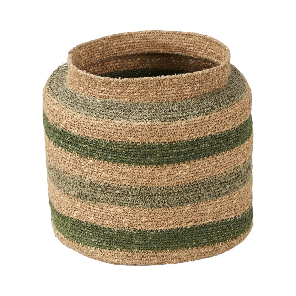 Seagrass Natural, Green and Sage Stripe Round Basket-1