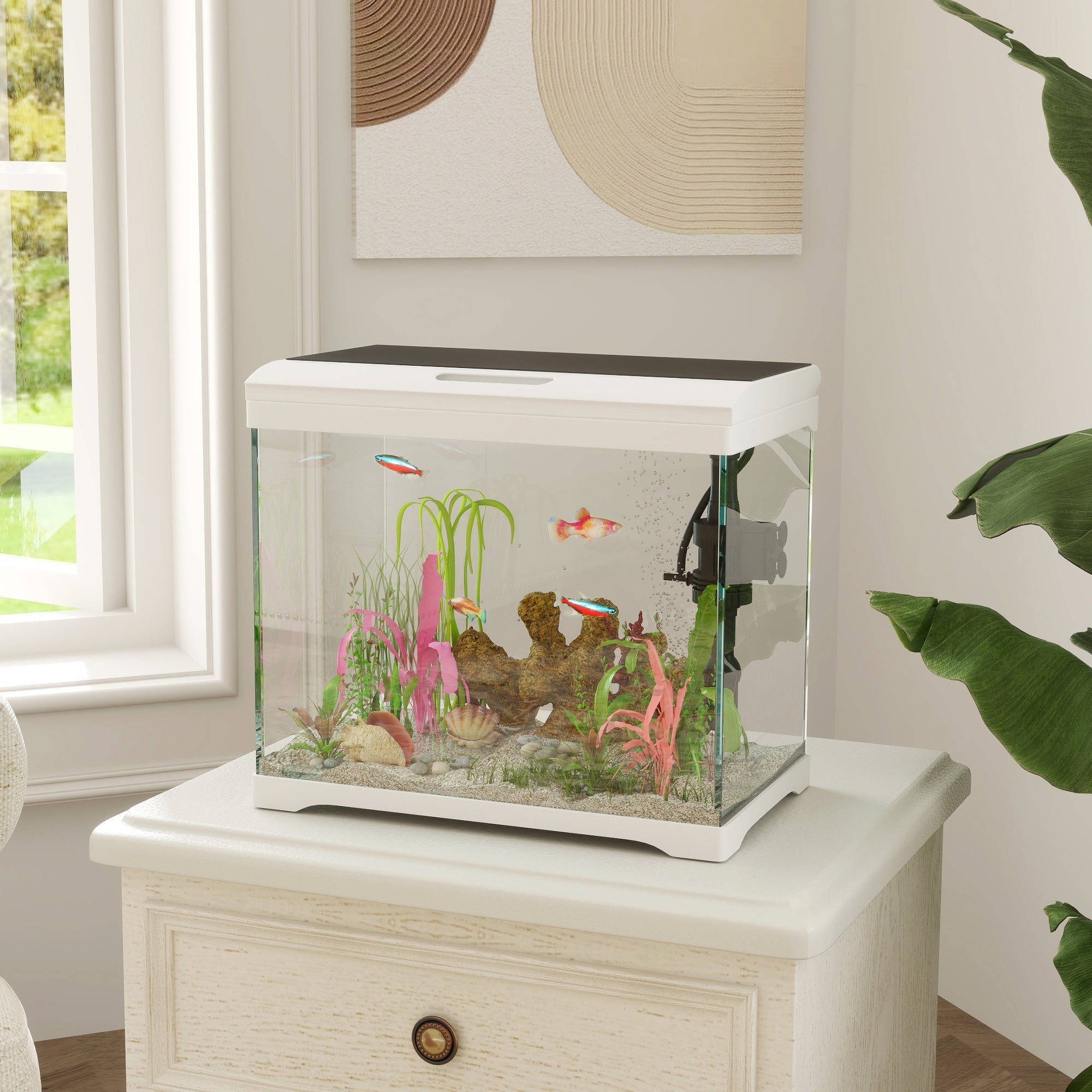 17L Glass Fish Tank with Filter System, LED Light, Water Pump, for Betta, Goldfish, Shrimps, White-1