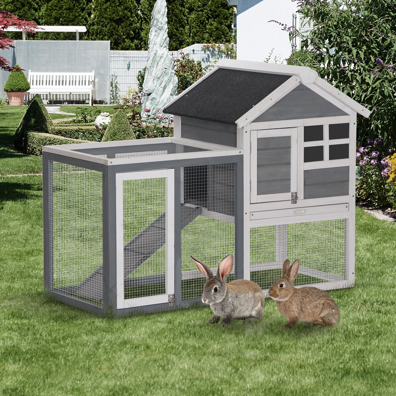 2 Tier Wooden Rabbit Guinea Pig Hutch Guinea Pig Cage Bunny Cage Pull Out Tray Small Animal House w/ Ramp 122 x 62.6 x 92 cm-1