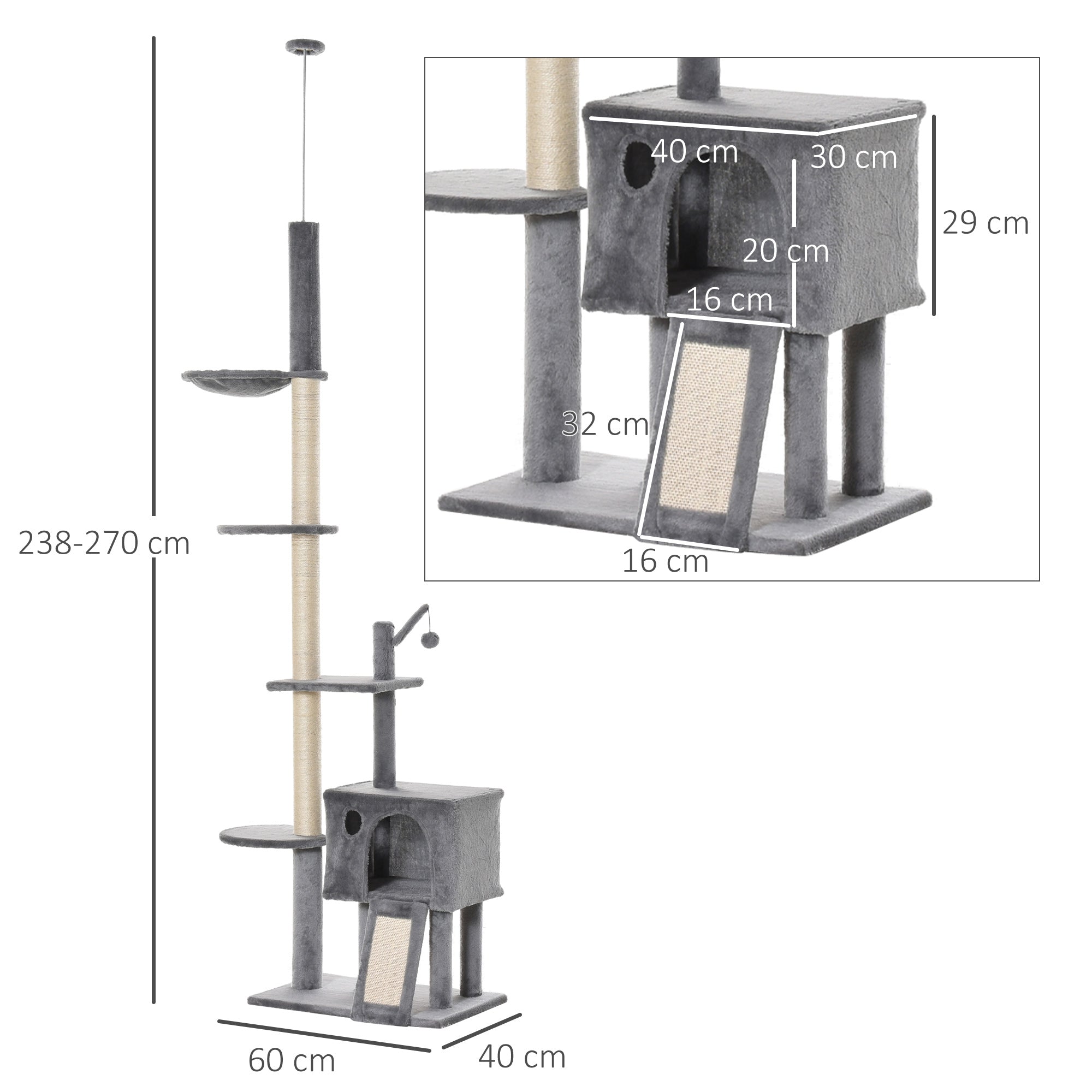 280cm Huge Cat Tower Activity Center Floor-to-Ceiling Cat Climbing Toy with Scratching Post Board Hammock Hanging Ball Rest Light Grey-2