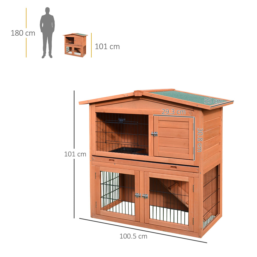 2 Tier Rabbit Hutch Guinea Pig Hutch Ferret Cage with Ramp Slide Out Tray for Indoor Outdoor 100.5 x 55 x 101 cm-2