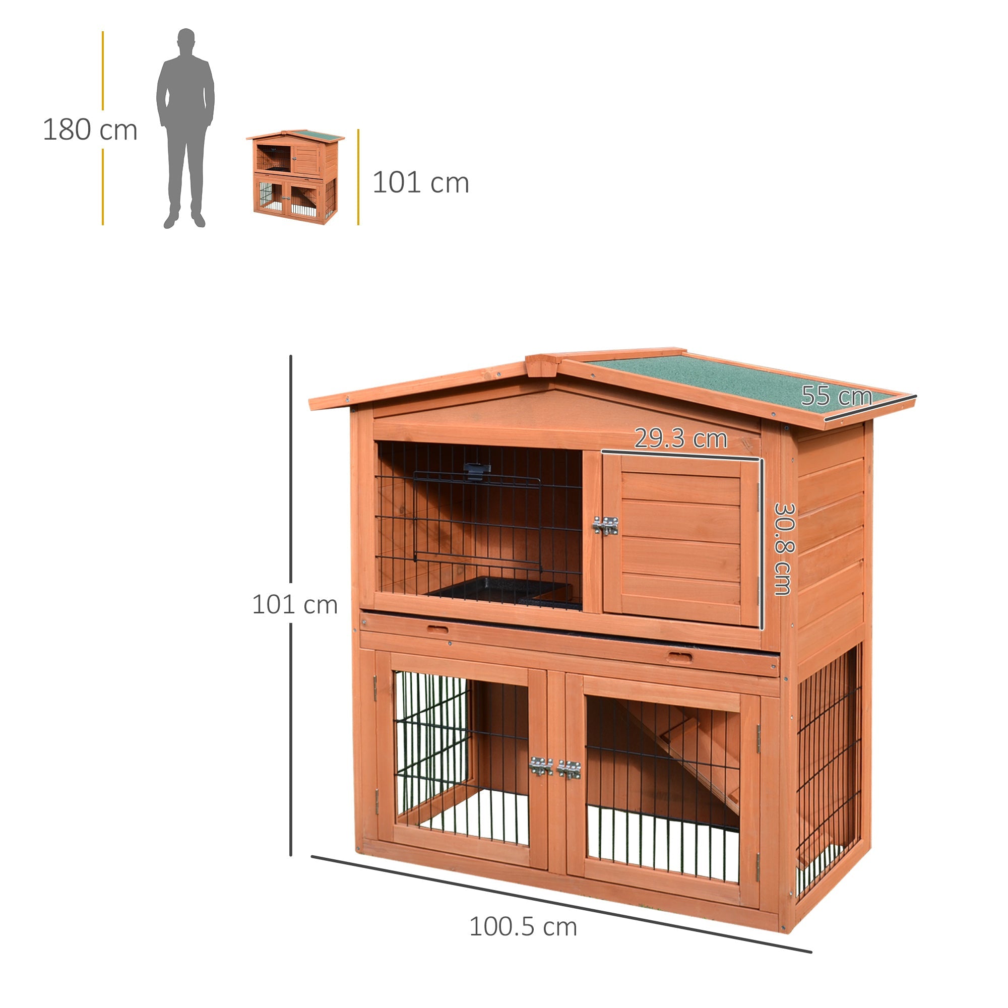 2 Tier Rabbit Hutch Guinea Pig Hutch Ferret Cage with Ramp Slide Out Tray for Indoor Outdoor 100.5 x 55 x 101 cm-2