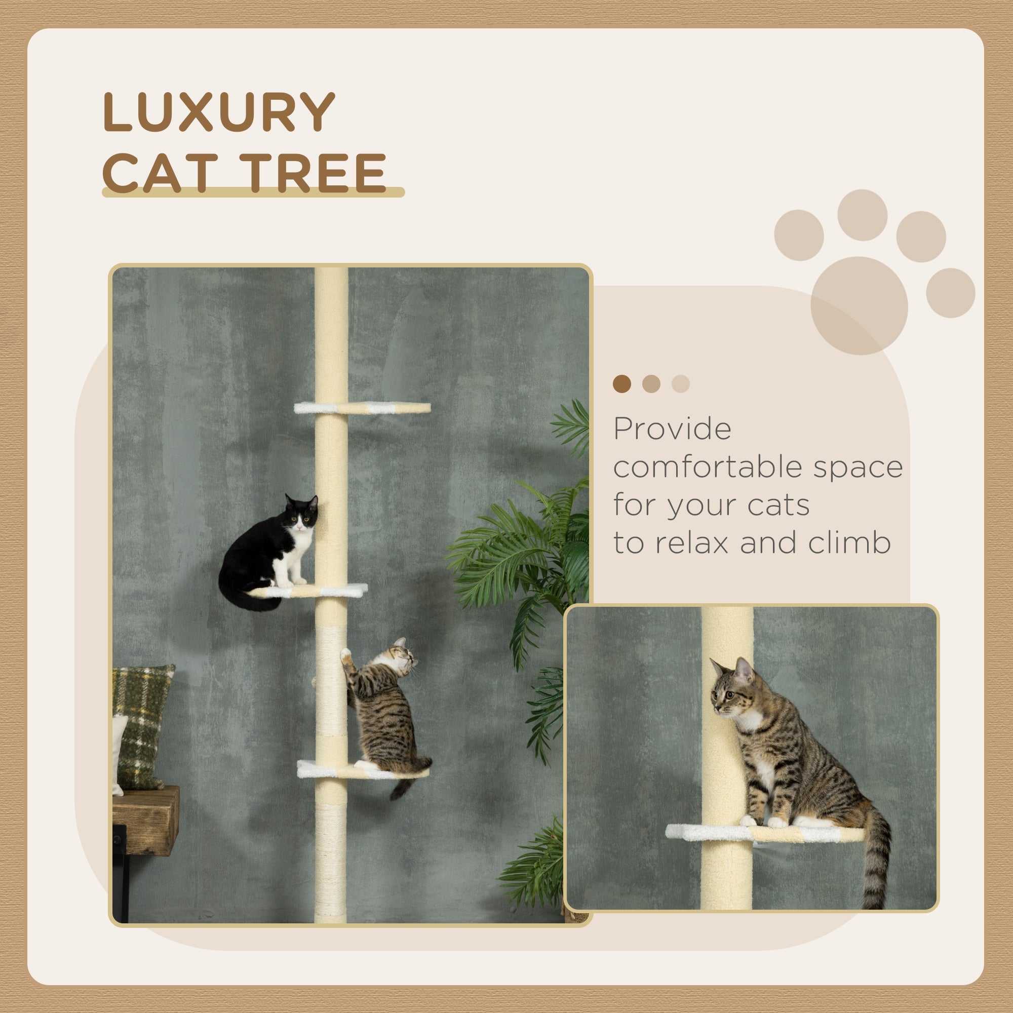 260cm Cat Tower Cat Tree, Floor to Ceiling, Height Adjustable with Anti-slip Kit and Fish-shaped Scratching Post Ball, Yellow-3