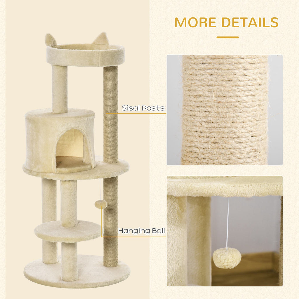 104 cm Cat Tree, Cat Condo Tree Tower, Cat Activity Centre with Scratching Posts, Plush Perch, Hanging Ball - Cream White-4