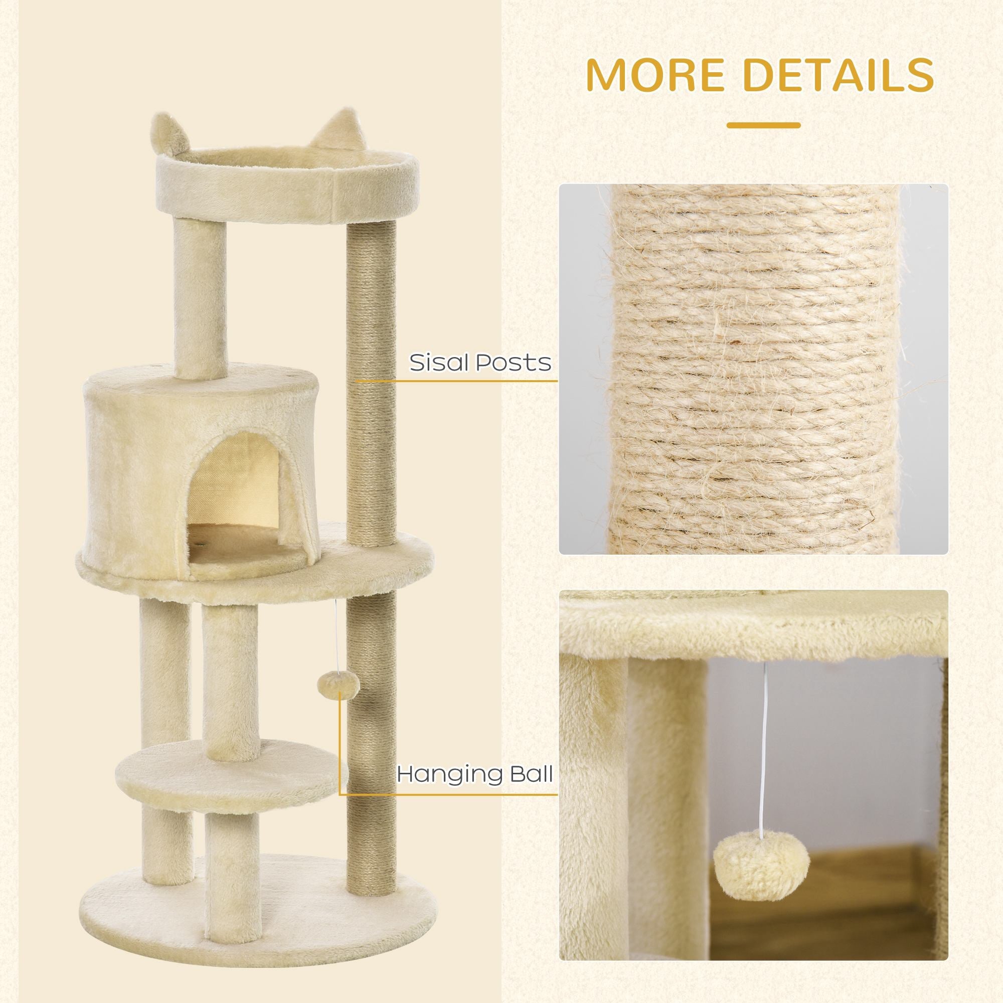 104 cm Cat Tree, Cat Condo Tree Tower, Cat Activity Centre with Scratching Posts, Plush Perch, Hanging Ball - Cream White-4