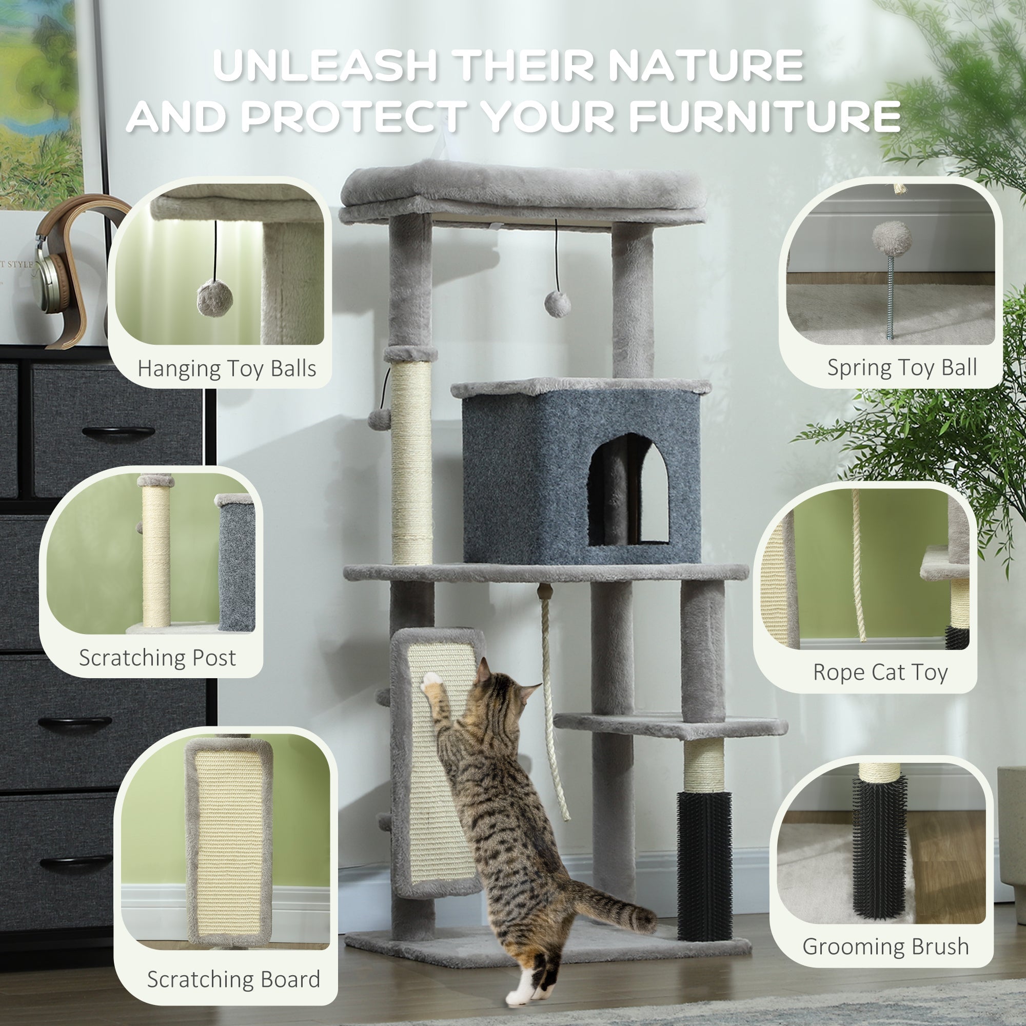 132cm Cat Tree w/ Scratching Posts, Pad, Cat Bed, Cat House, Jumping Platform, Grooming Brush, Anti-Tip Kit, Light Grey-4