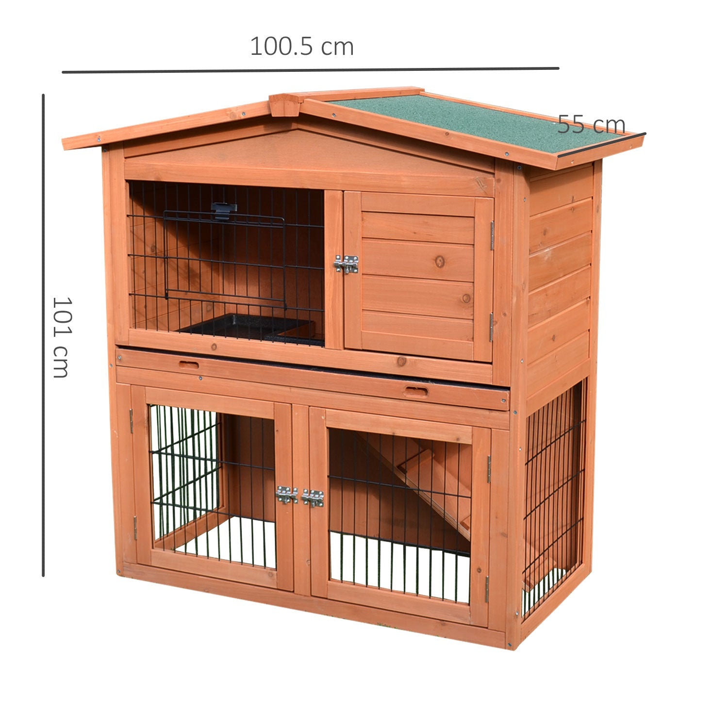 2 Tier Rabbit Hutch Guinea Pig Hutch Ferret Cage with Ramp Slide Out Tray for Indoor Outdoor 100.5 x 55 x 101 cm-2