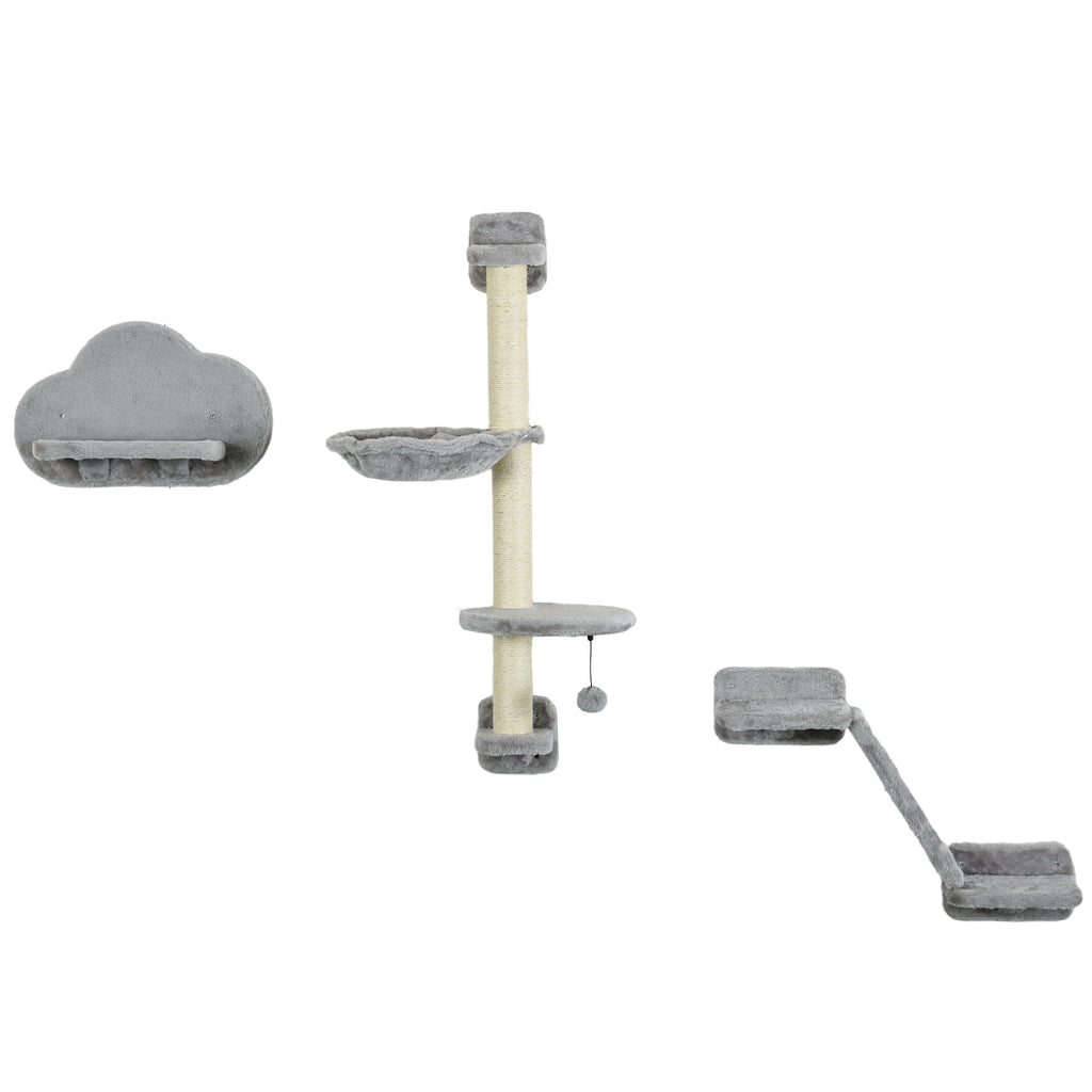 3 Pcs Wall Mounted Cat Shelves, w/ Hammock, Jumping Platform, Ladder, Scratching Post, Cat Wall Furniture w/ Play Ball for Large Cats, Grey-0