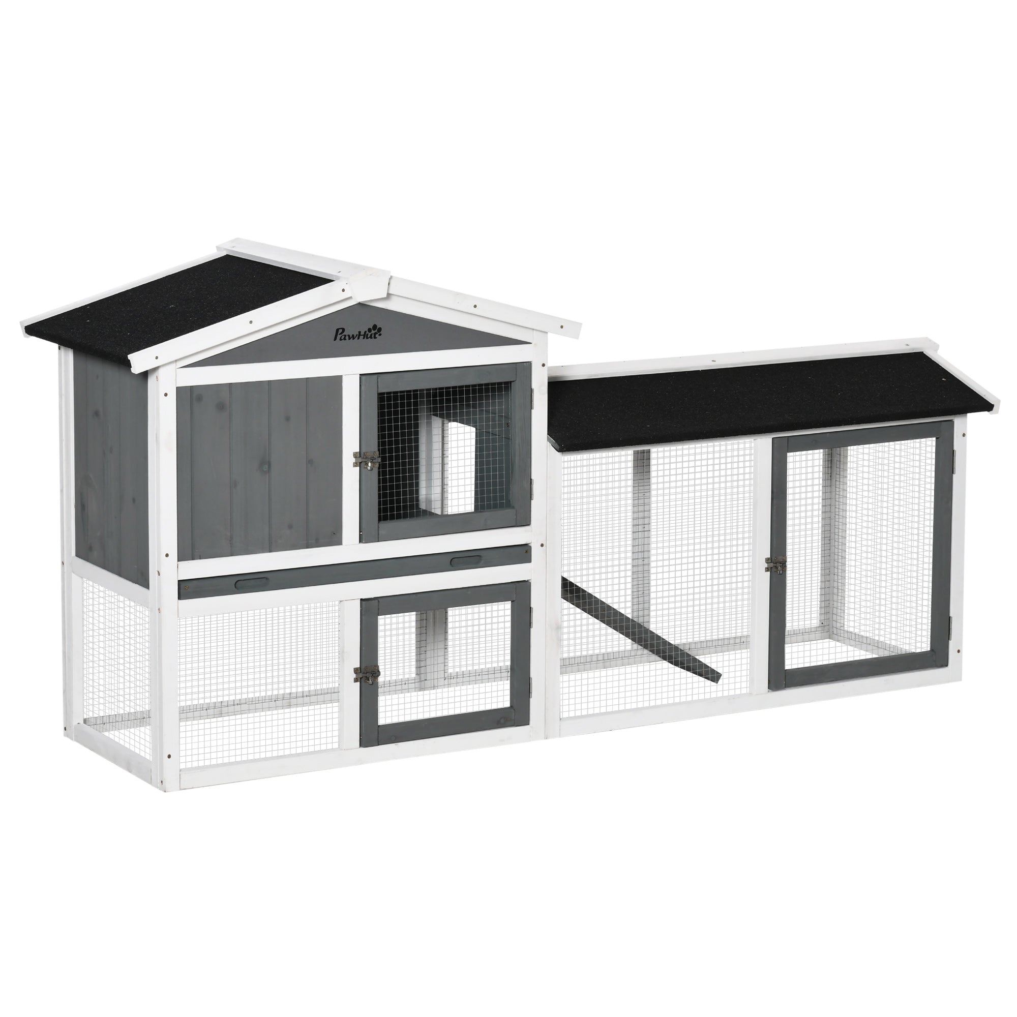 2 Tier Wooden Rabbit Hutch, Guinea Pig Cage, Bunny Run, Small Animal House with Run Box, Slide-out Tray, 175.8 x 52 x 85.5cm, White-0