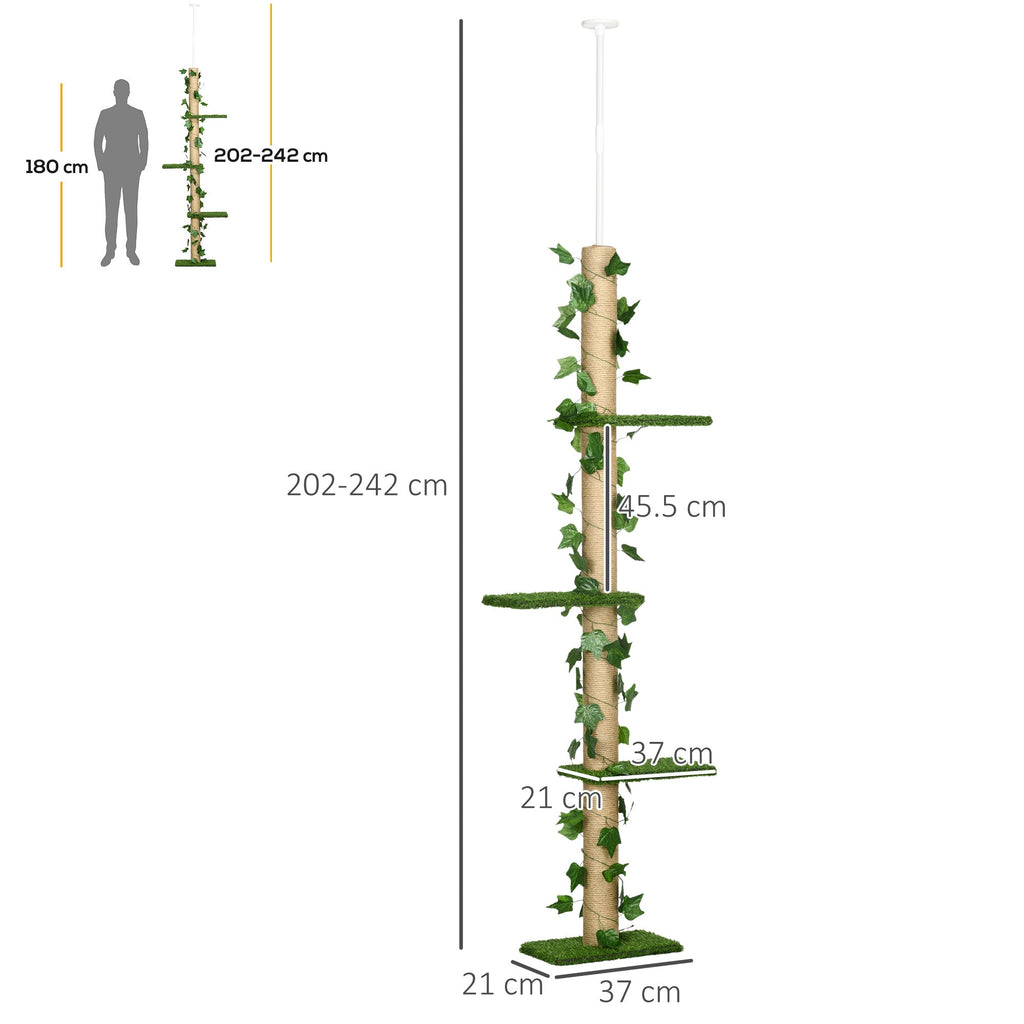 242cm Floor to Ceiling Cat Tree, Height Adjustable Kitten Tower with Anti-slip Kit, Highly Simulated Multi-Layer Activity Center Green-2