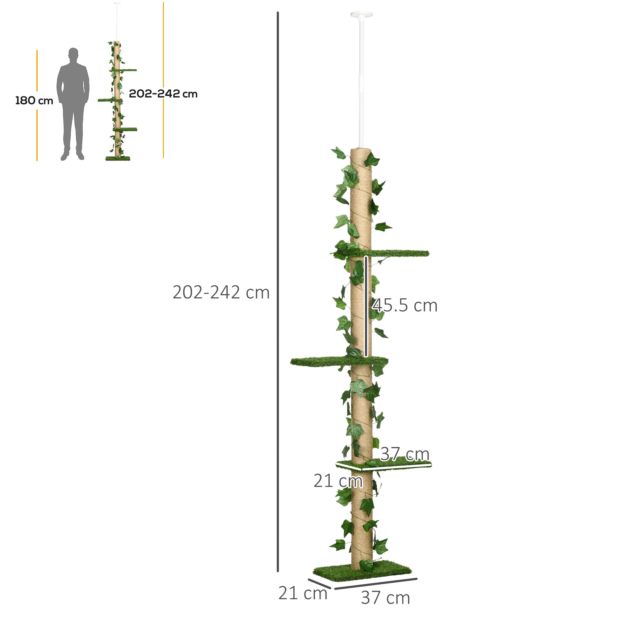 242cm Floor to Ceiling Cat Tree, Height Adjustable Kitten Tower with Anti-slip Kit, Highly Simulated Multi-Layer Activity Center Green-2