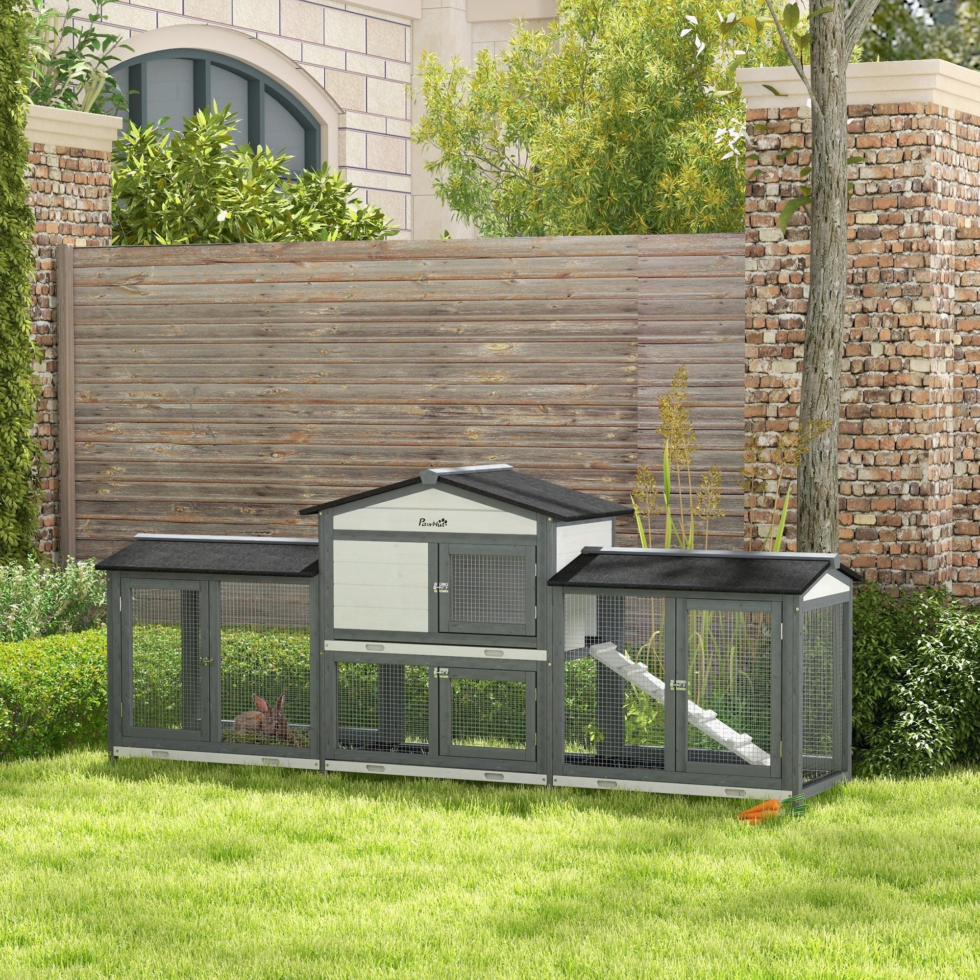 2-Tier Large Rabbit Hutch Outdoor with Double Side Run Boxes, No-leak Plastic Tray, Ramp, 230 x 53 x 93.5cm, Light Grey-1