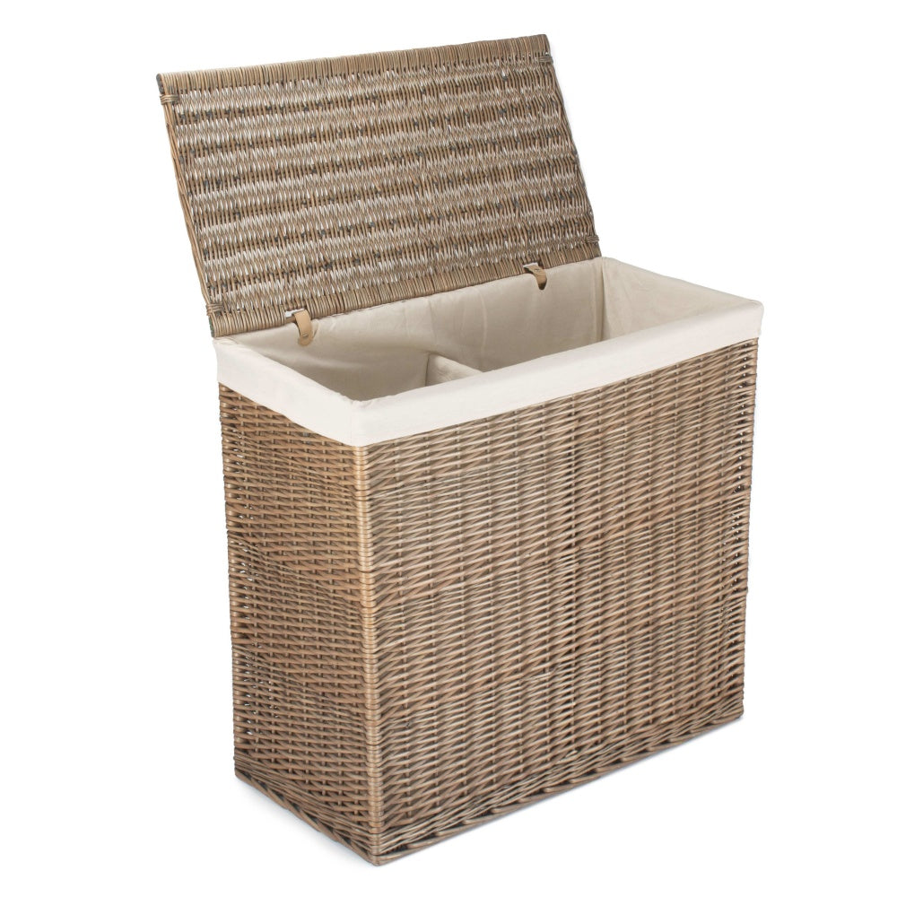 Large Rectangular Partition Wicker Laundry Basket-0