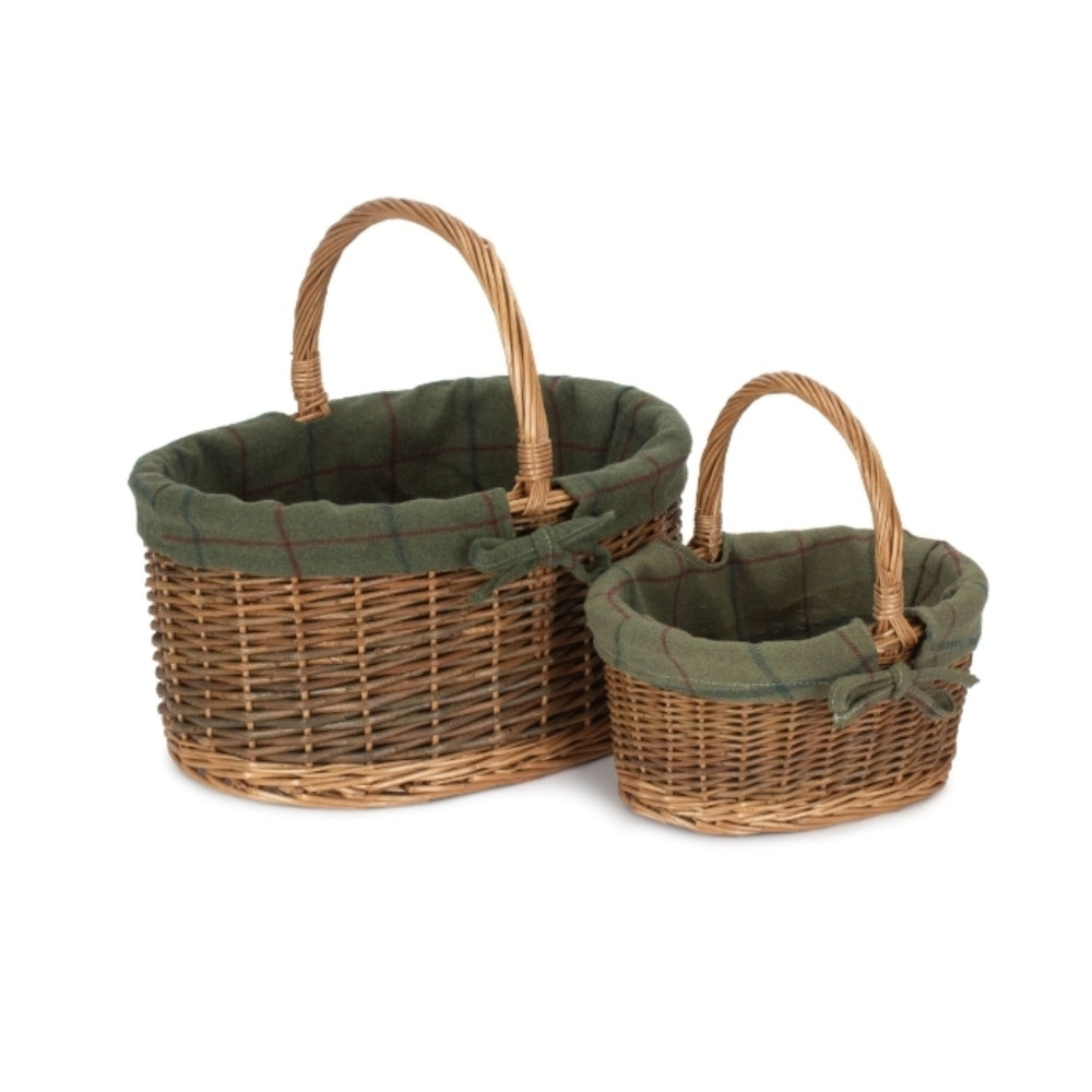 Green Tweed Lined Country Oval Wicker Shopping Basket-1