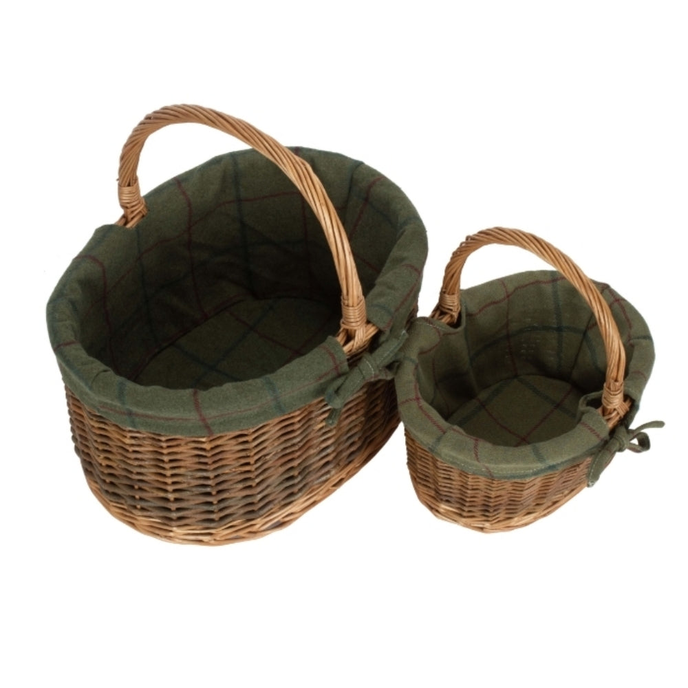 Green Tweed Lined Country Oval Wicker Shopping Basket-0
