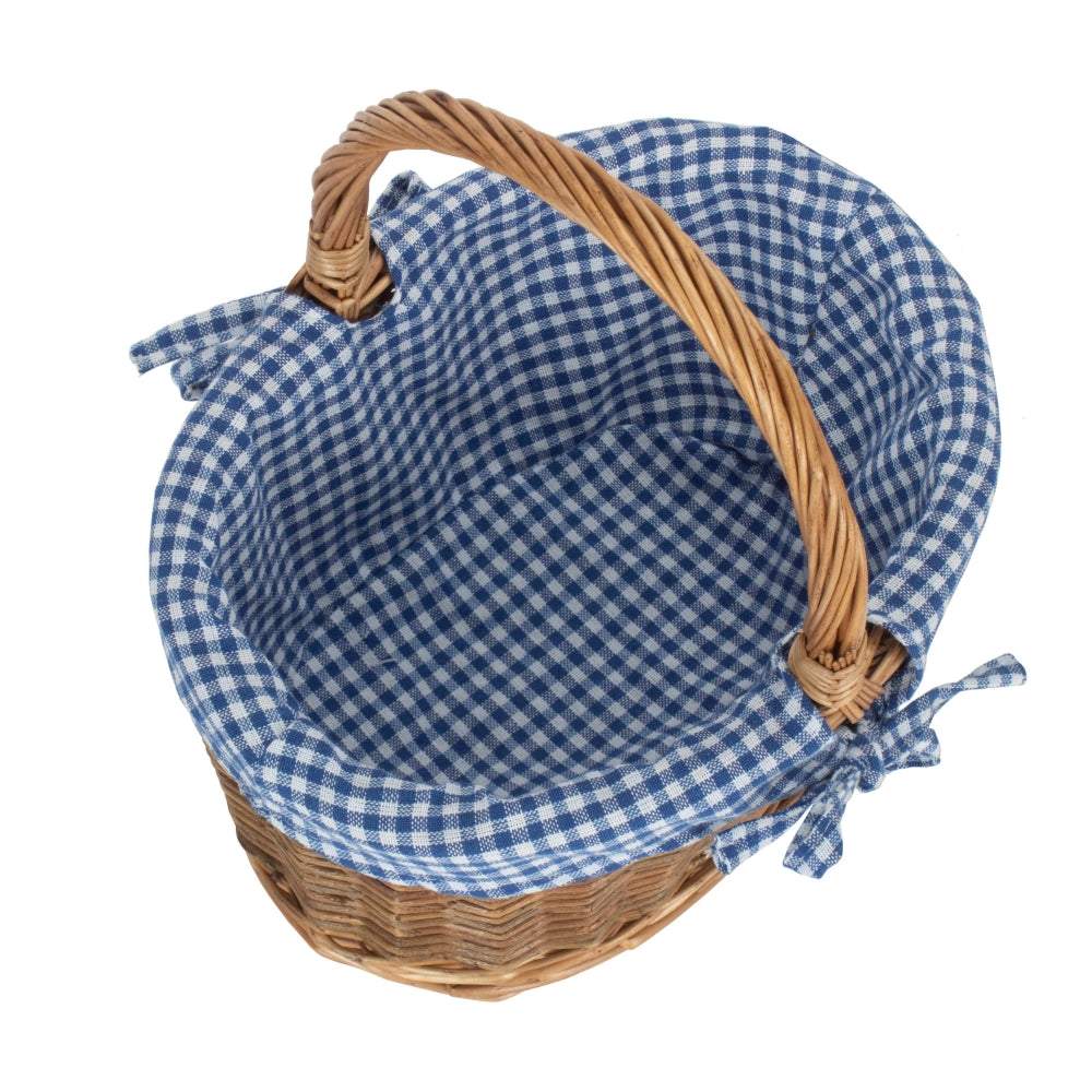 Blue Checked Lined Country Oval Wicker Shopping Basket-2